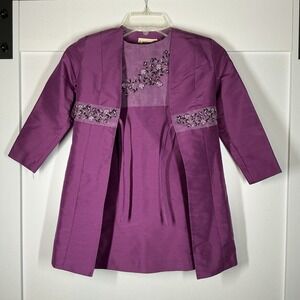 Vintage K.C. Parker Girls Purple 100% Silk Sheath Dress &‎ Overcoat Sz 6 Floral